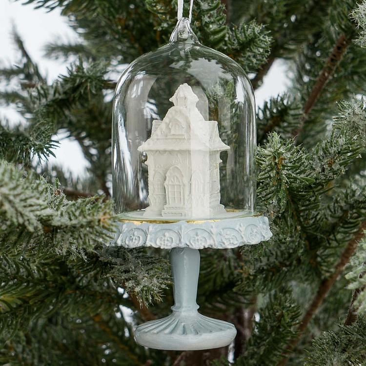 Набор из трёх ёлочных игрушек Пряничные домики под куполом Set Of 3 Gingerbread Houses In Dome Blue White 11,5 cm