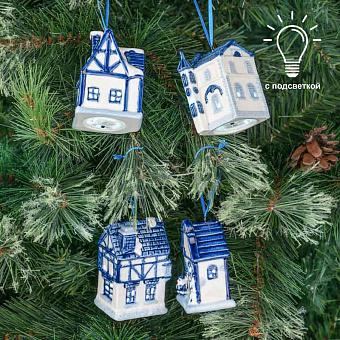Set Of 4 Xmas Blue Led Houses 8 cm