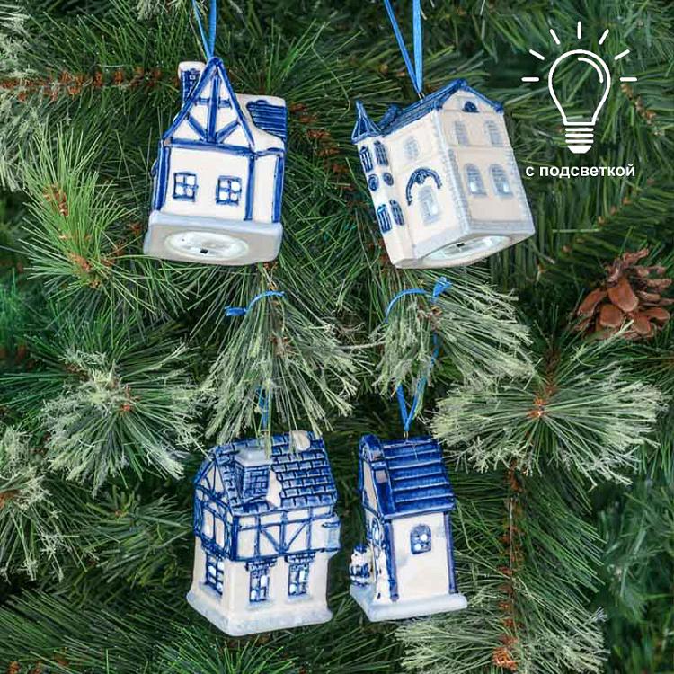 Набор из четырёх ёлочных игрушек с LED лампочками Зимние домики Set Of 4 Xmas Blue Led Houses 8 cm