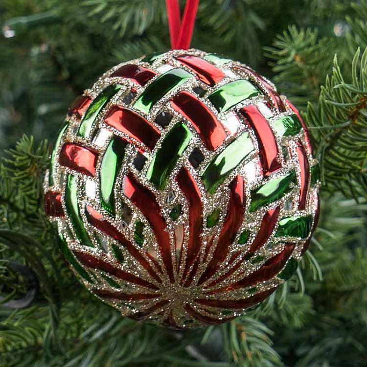 Ёлочная игрушка Красно-зелёный шар с плетёным узором Braided Ball Red Green 8 cm