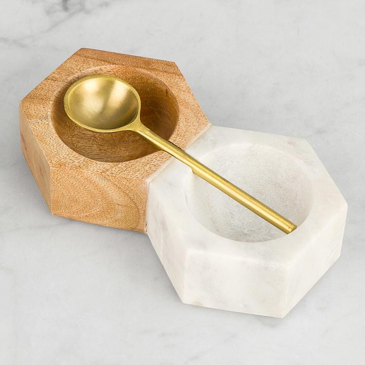Набор для специй из мрамора и дерева манго с ложечкой Set Of 2 Salt And Pepper Marble And Mango Wood