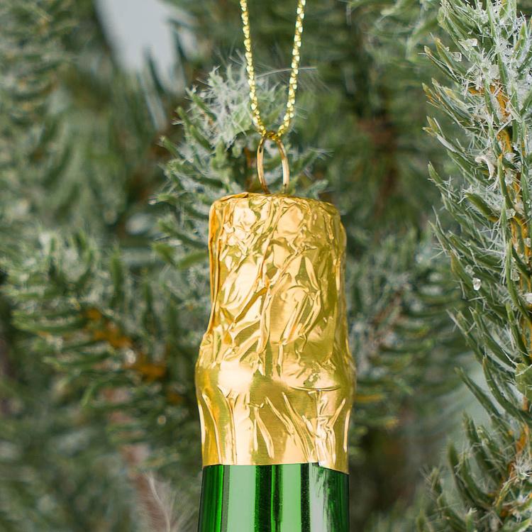 Набор из двух ёлочных игрушек Бутылки шампанского золотая и зелёная Set Of 2 Glass Champagne Bottles Gold Green 14 cm