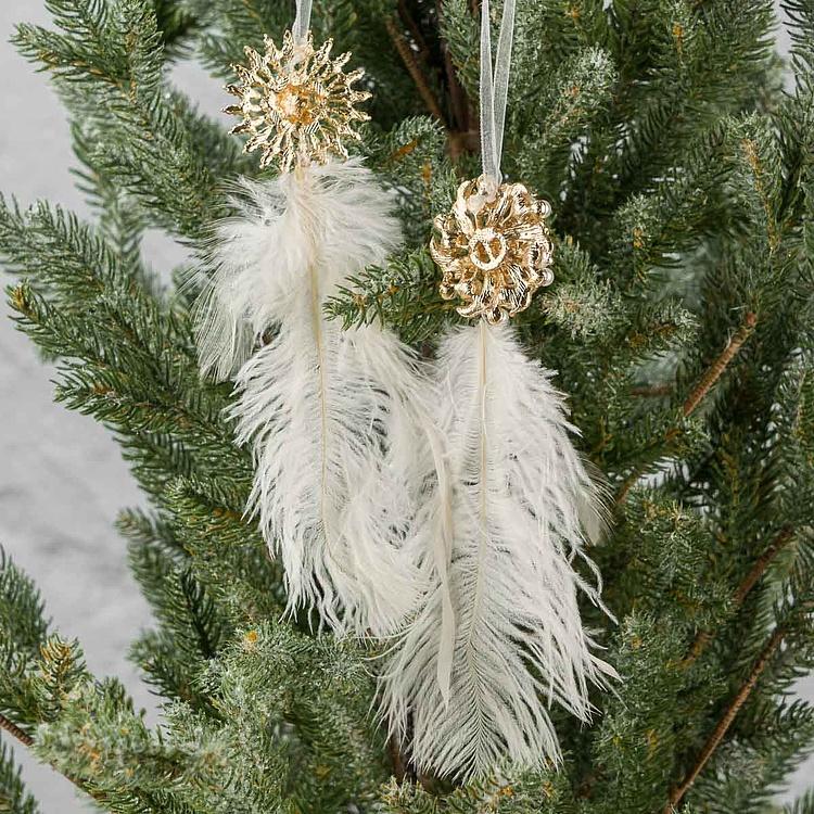 Набор из двух ёлочных игрушек из перьев Set Of 2 Plume Jewels Cream Gold 22 cm