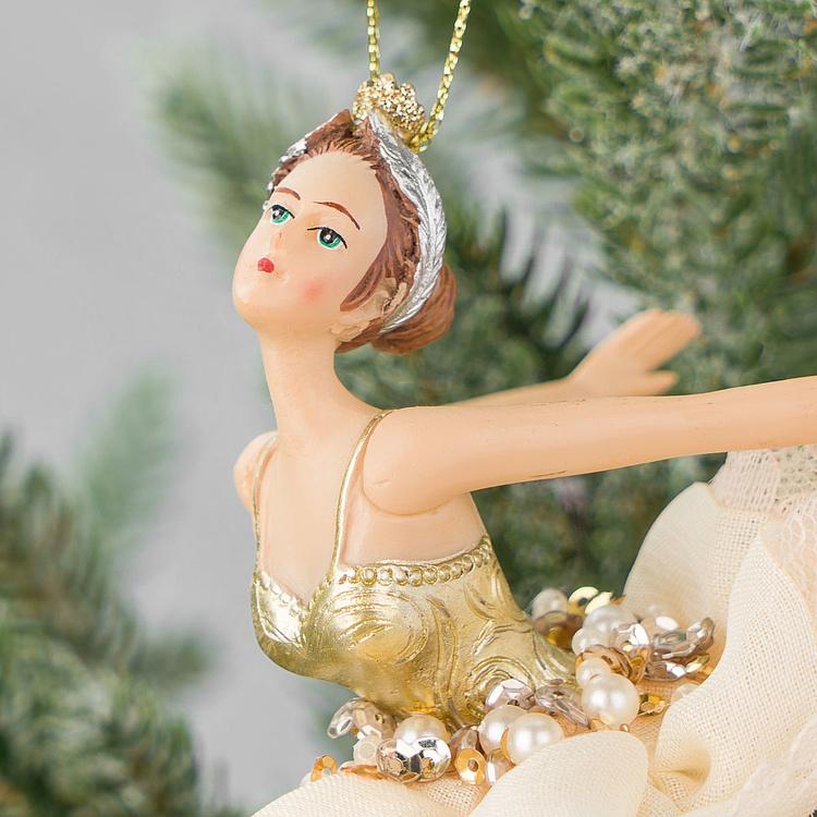 Набор из трёх ёлочных игрушек Балерины в платьях с жемчугом Set Of 3 Fabric Pearl Ballerinas White Gold 19 cm