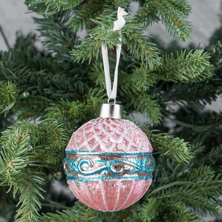 Ёлочная игрушка Розовый шар с голубым узором Blue Pattern Ball Pink 8 cm