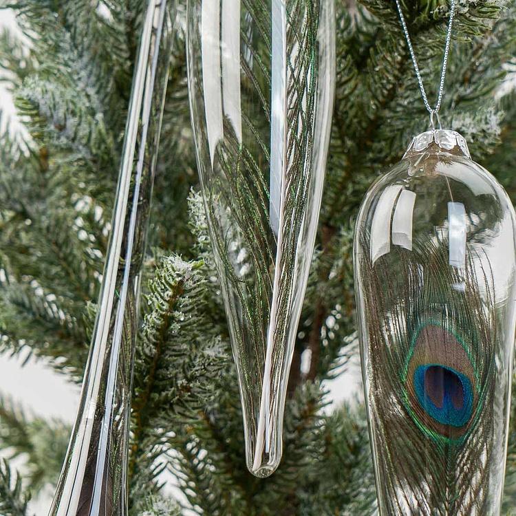 Набор из трёх ёлочных игрушек с пером павлина внутри Set Of 3 Glass Peacock Plume Icicle Drop 30 cm
