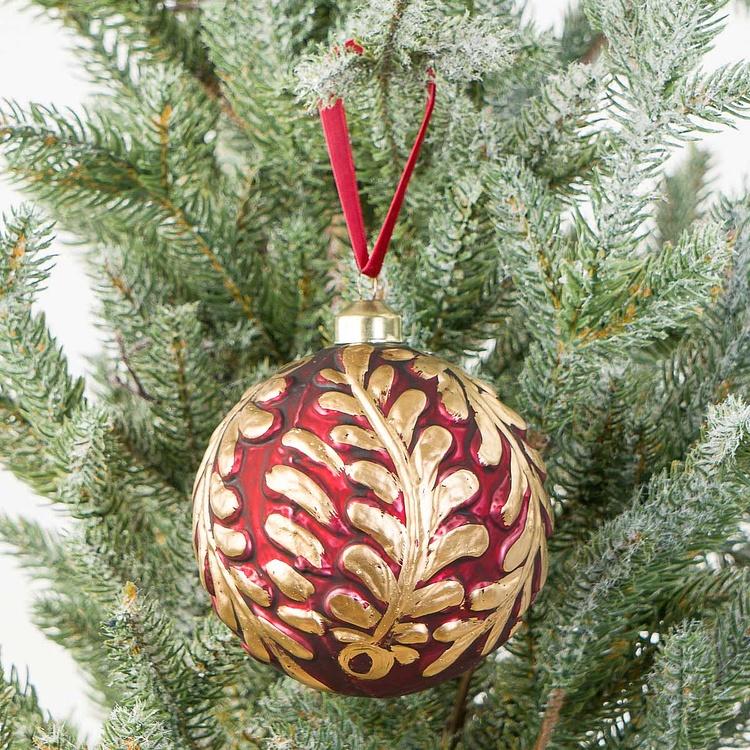 Ёлочная игрушка Красный шар с золотистым лиственным узором Gold Leaves Ball Red 10 cm