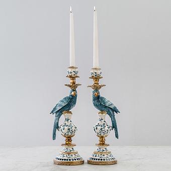 Set Of 2 Candle Holders Parrots Blue