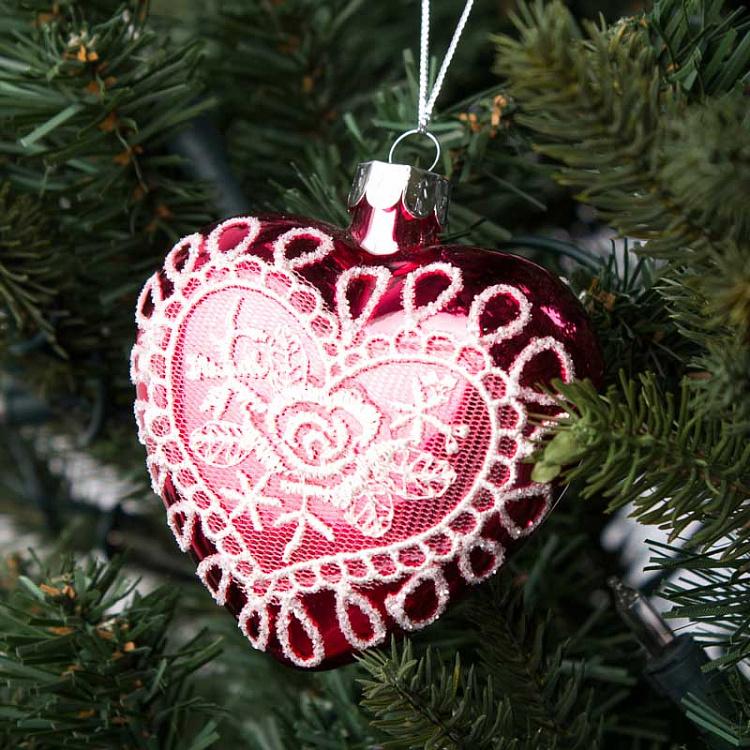 Ёлочная игрушка Красное сердце с кружевом Glass Lace Rose Heart Red 8 cm