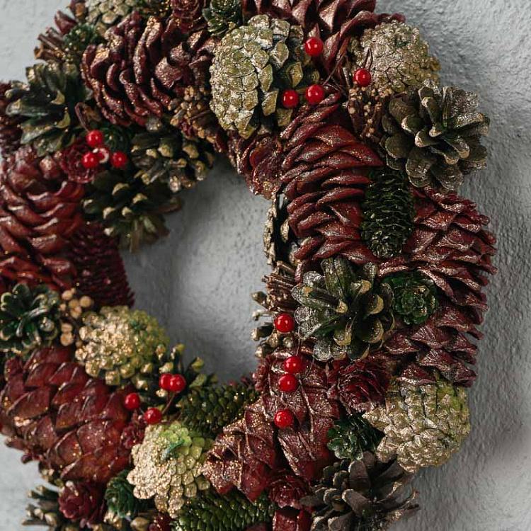 Новогодний позолоченный венок с шишками Gilt Berry Pinecone Wreath Green Brown 34 cm