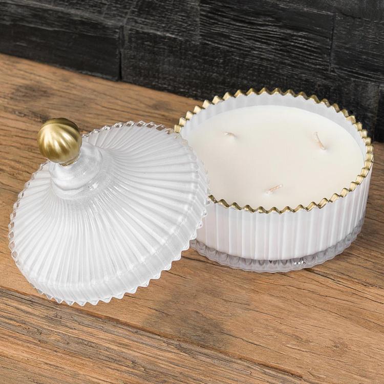 Аромасвеча в белом рифлёном стакане Шёлковый цветок, L Aroma Candle In White Striped Glass Silk Flower Large