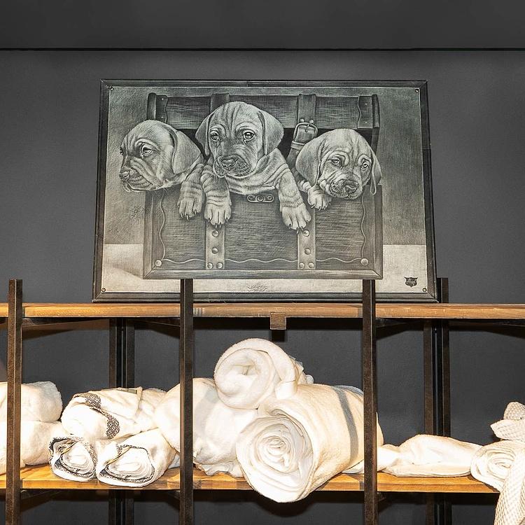 Картина на коже Три собаки в сундуке Three Dogs In The Trunk
