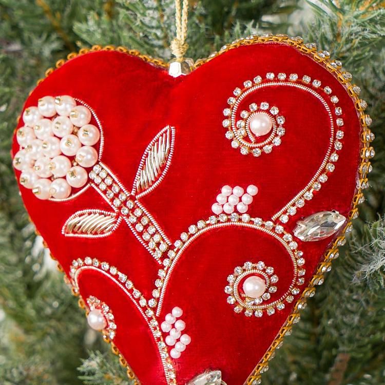 Ёлочная игрушка Бархатное красное сердце с цветочным узором Beads Pattern Velvet Heart Red 12 cm