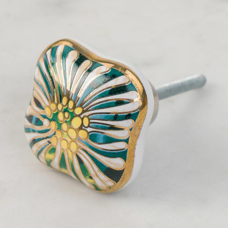 Мебельная керамическая ручка Ар-деко зелёно-золотая с герберой Art Deco Green And Gold Gerbera Ceramic Knob