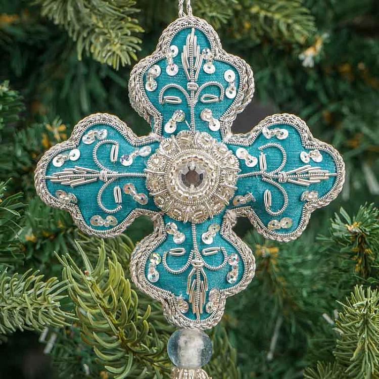 Бирюзовая новогодняя подвеска с бисером Pendant Cross With Beads Turquoise 22 cm