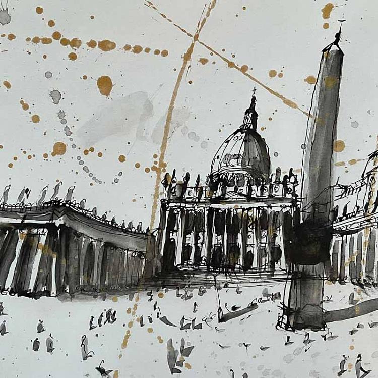 Рисунок тушью с золотом Собор Святого Петра Basilica Di San Pietro Drawing With Gold