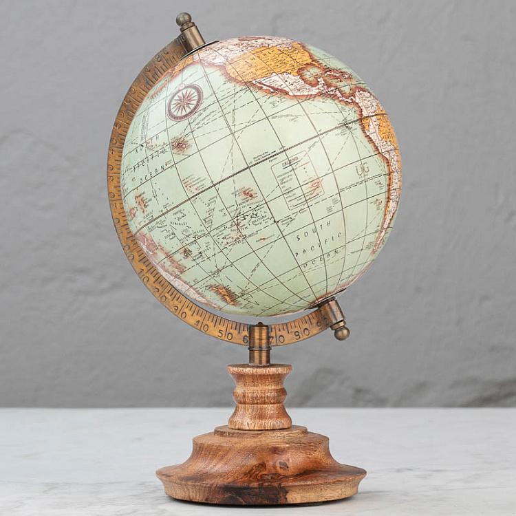 Винтажный зелёный глобус на деревянном основании Vintage Globe Green Gold On Natural Base