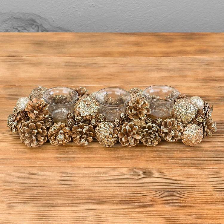 Подсвечник на три свечи с золотыми шишками 3 Votives Holder With Pinecones Gold