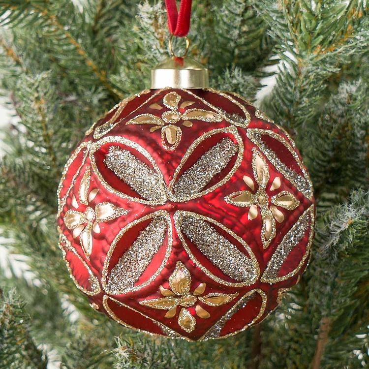 Ёлочная игрушка Красный многогранный шар с золотистыми цветами Golden Flowers Polyhedron Ball Red 10 cm
