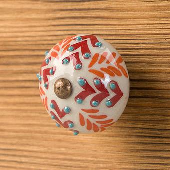 Orange Red Fern Hand Painted Ceramic Knob