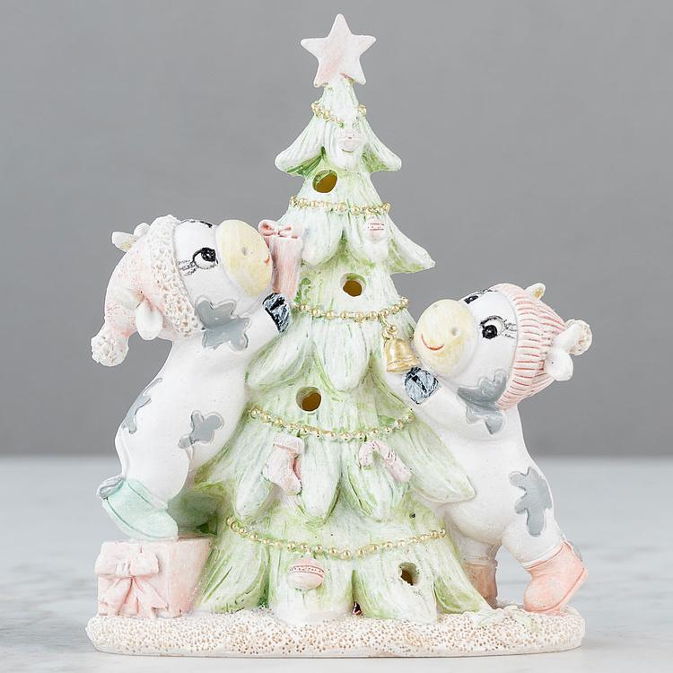 Новогодняя фигурка с подсветкой Бычки и ёлочка Calves With Christmas Tree 14 cm