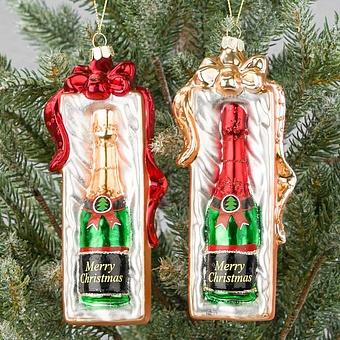 Set Of 2 Glass Champagne Bottles Gift Box Green 16 cm