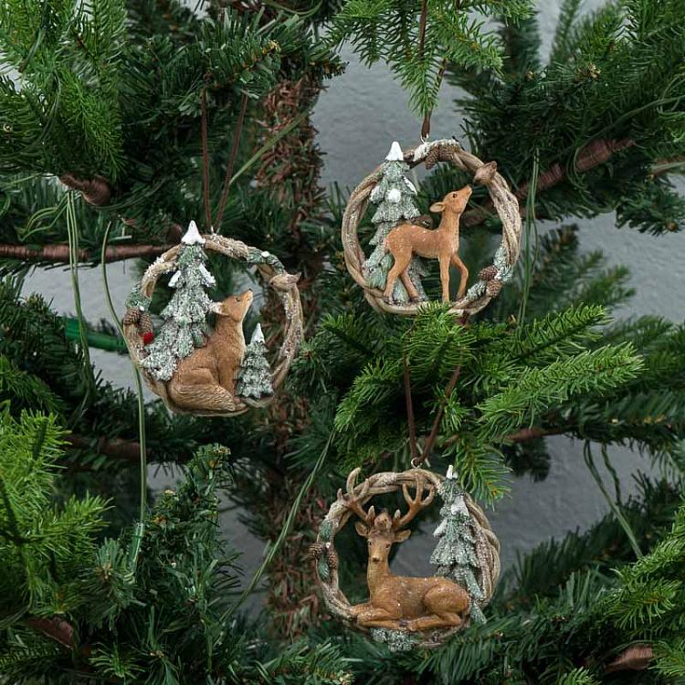 Набор из трёх ёлочных игрушек Олени и лиса в венке Set Of 3 Deers And Fox In Wreath 10 cm