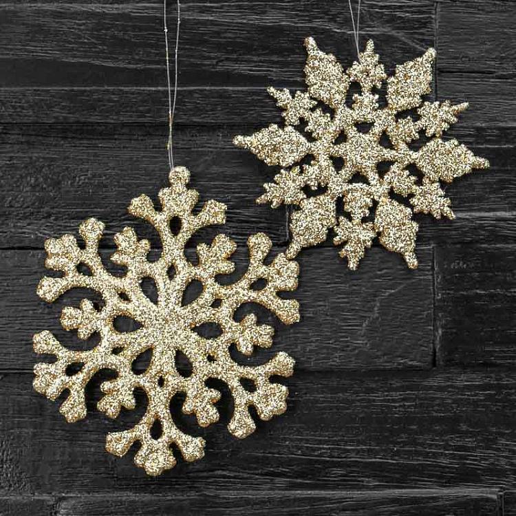 Набор из двух ёлочных игрушек Золотые снежинки с блёстками Set Of 2 Glitter Flat Snowflakes Gold 12,5 cm