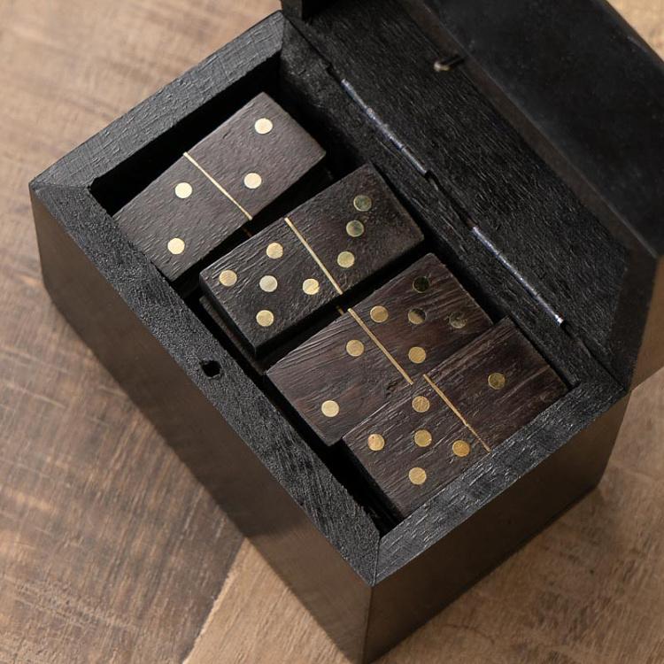 Шкатулка с набором домино, латунные вставки Black Wooden Domino Box Brass Details