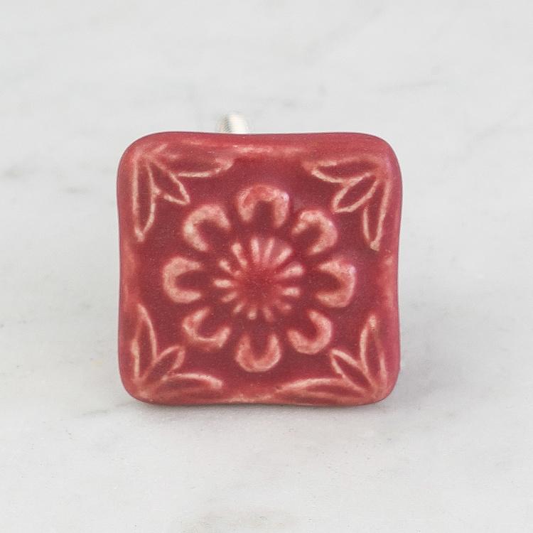 Керамическая мебельная ручка с рельефным цветочным узором Square Etched Sandstone Ceramic Knob