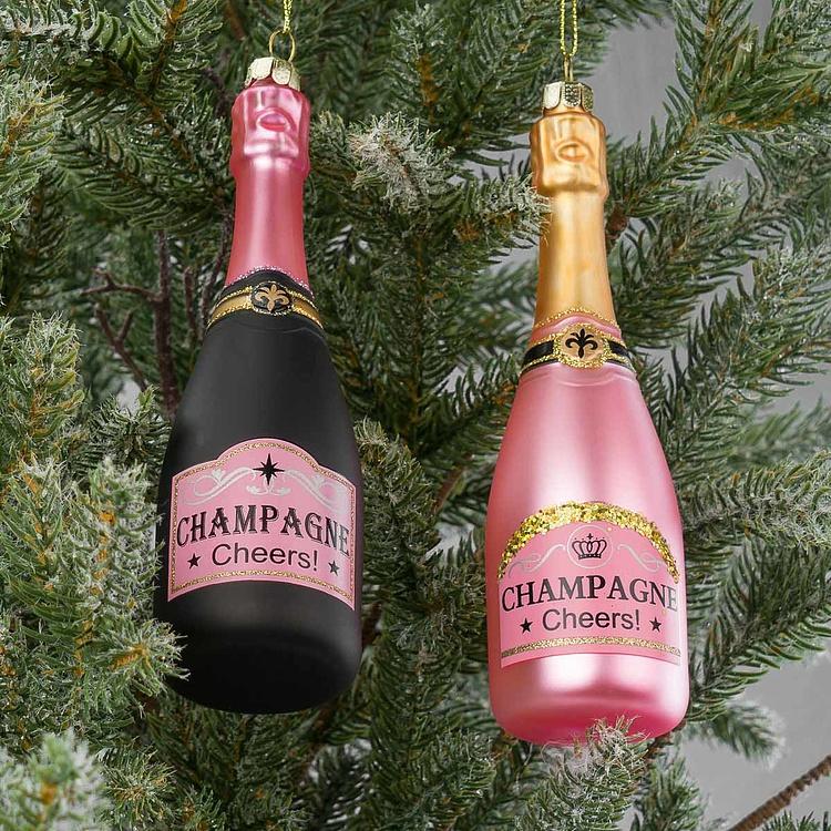 Набор из двух ёлочных игрушек Бутылки шампанского чёрная и розовая Set Of 2 Glass Champagne Bottles Black Pink 16 cm