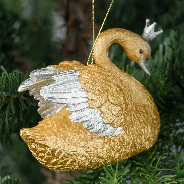 Ёлочная игрушка Лебедь с короной Metall Swan With Crown Champagne 9,5 cm