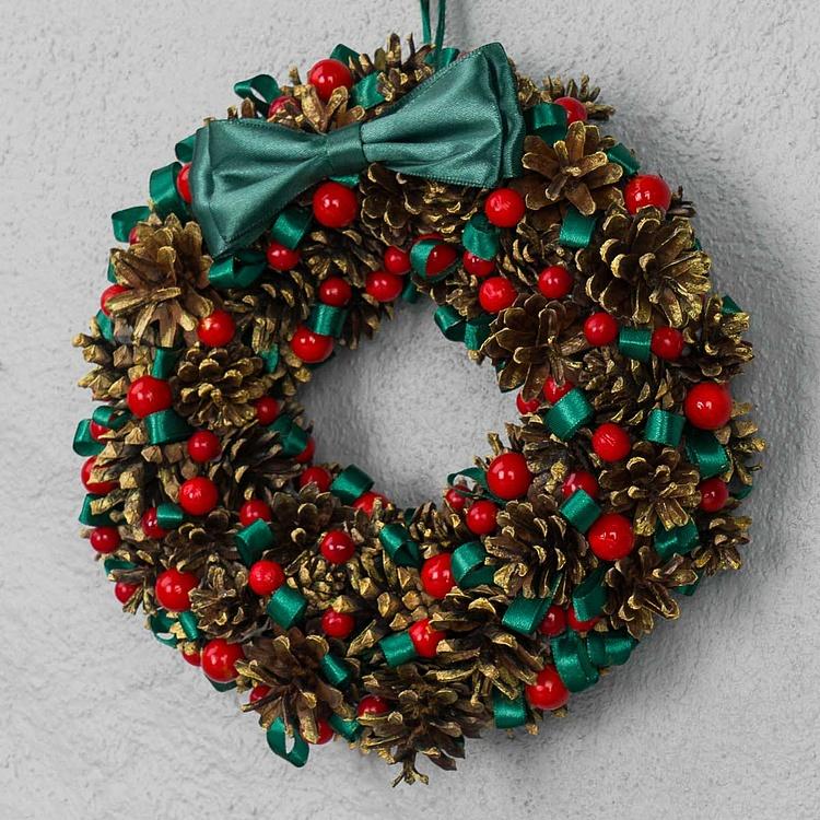 Новогодний венок с ягодами и зелёными лентами Wreath With Berries And Ribbons 25 cm