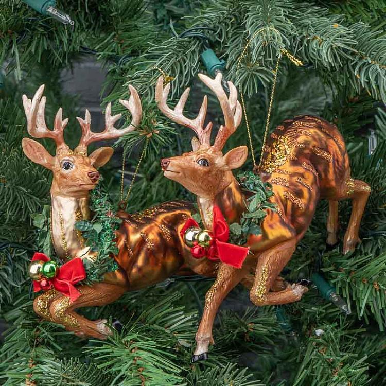 Набор из двух ёлочных игрушек Олени в прыжке Set Of 2 Glass Jumping Xmas Deers Brown 17,5 cm