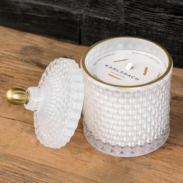 Аромасвеча в белом фасетном стакане Шёлковый цветок, L Aroma Candle In White Faceted Glass Silk Flower Large