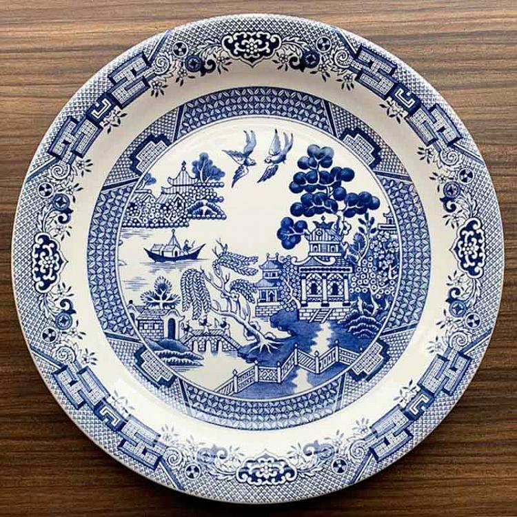 Винтажная тарелка белая с голубым мотивом 8, L Vintage Plate Blue White Large 8
