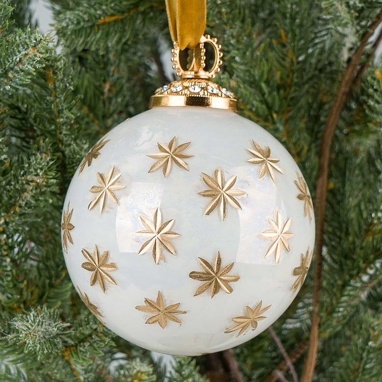 Ёлочная игрушка Белый шар с золотыми снежинками, M Gold Snowflakes Ball White 10 cm