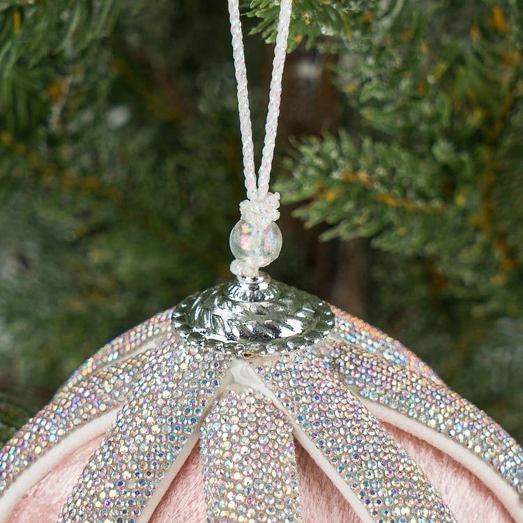 Ёлочная игрушка Розовый шар с полосами из страз Silver Rhinestones Velvet Ball Pink 10 cm