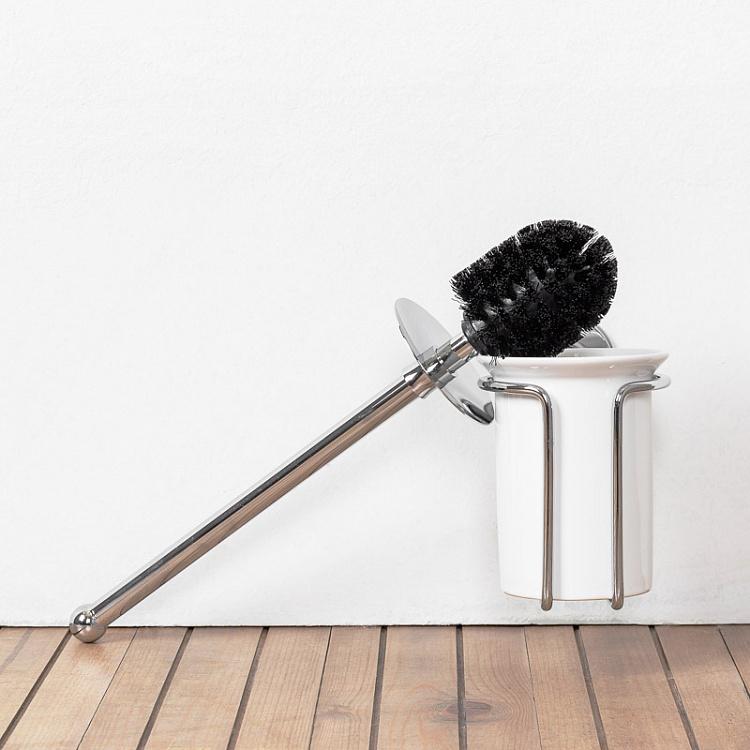 Настенный белый держатель с ёршиком в подставке цвета хром Brush Holder Chrome