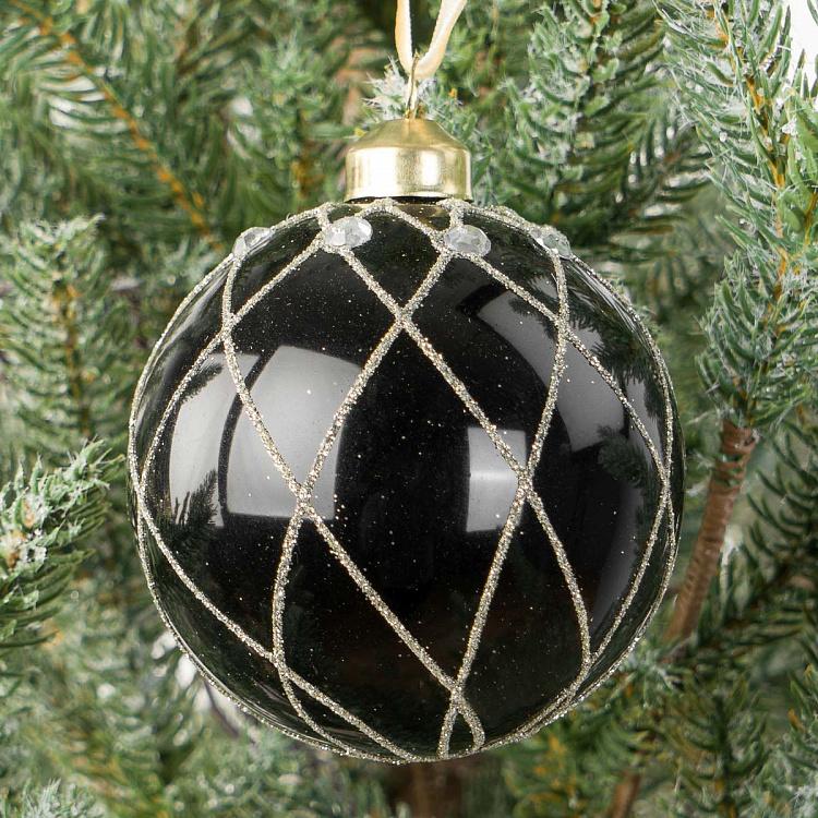 Ёлочная игрушка Чёрный шар с золотым сетчатым узором Cell Ball Black 8 cm