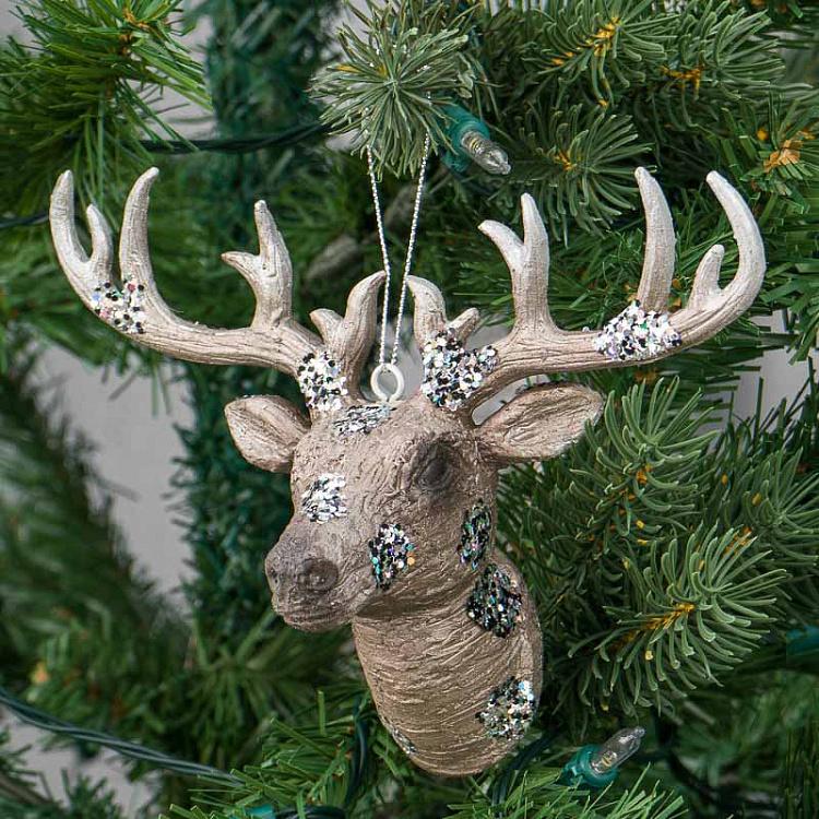 Ёлочная игрушка Голова оленя цвета шампань в блёстках Hanger Deer Head Champagne With Glitter 16 cm