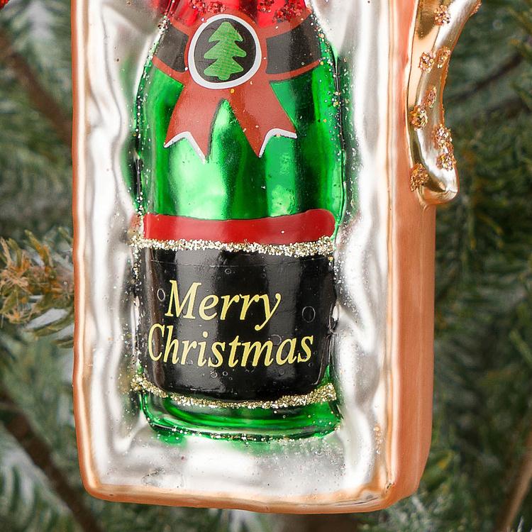 Набор из двух ёлочных игрушек Бутылки шампанского в праздничной упаковке Set Of 2 Glass Champagne Bottles Gift Box Green 16 cm