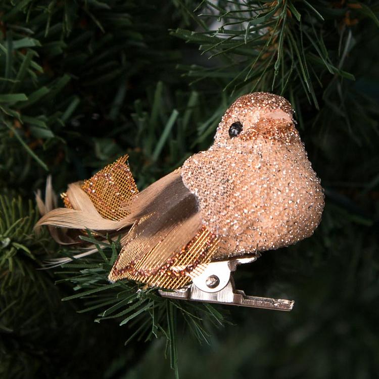 Набор из трёх ёлочных игрушек Блестящие птички на прищепке Set Of 3 Glitter Birds On Clip Pink/Brown 9 cm