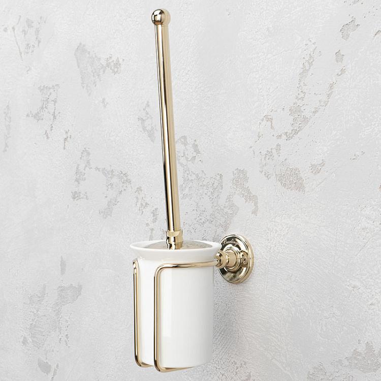 Настенный белый держатель с ёршиком в подставке золотого цвета Brush Holder Gold