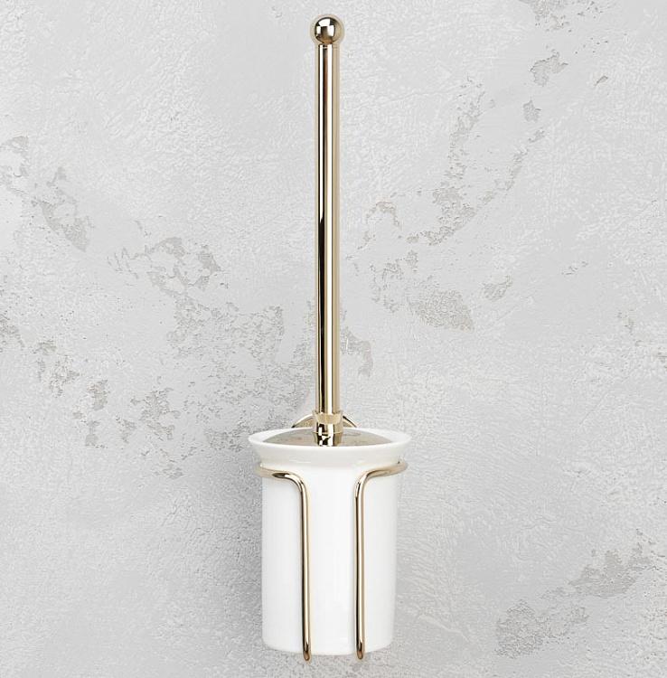 Настенный белый держатель с ёршиком в подставке золотого цвета Brush Holder Gold