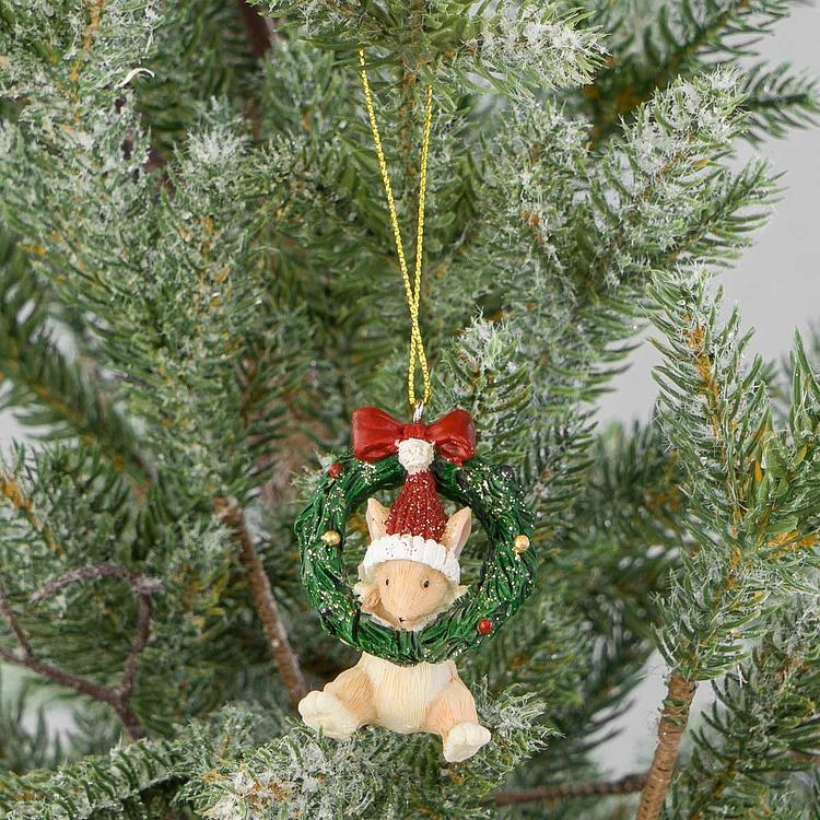Ёлочная игрушка Мышка в Рождественском венке Xmas Mouse Hanging In Wreath 6 cm