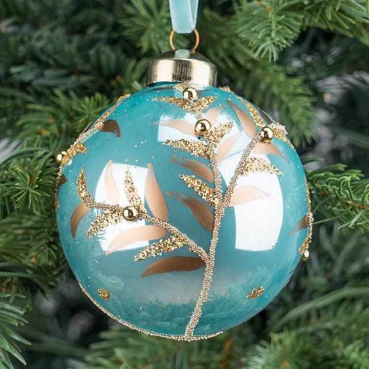 Ёлочная игрушка Бирюзовый шар с золотым узором Gold Pattern Ball Blue 8 cm