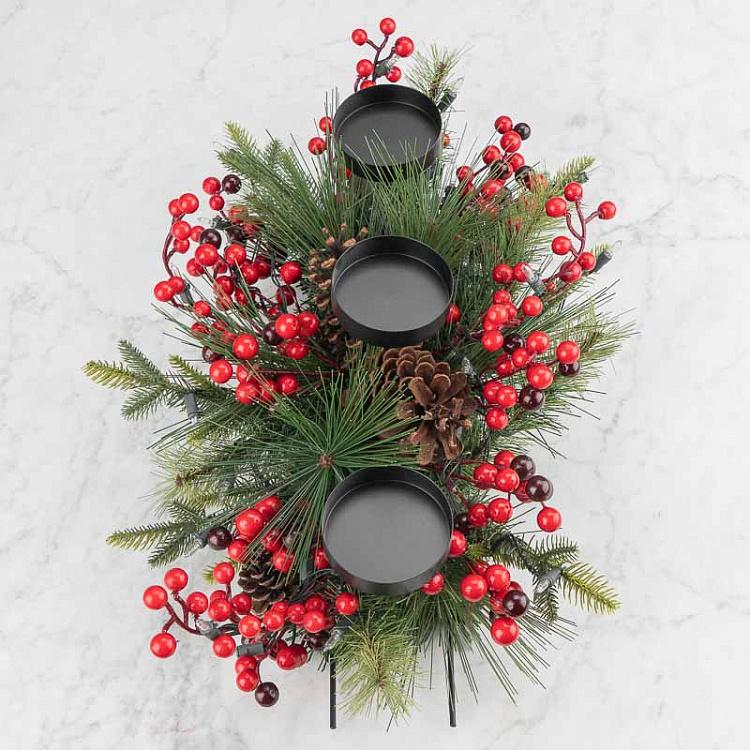 Светодиодный подсвечник-венок на батарейках с шишками и ягодами Led Lantern Metal Pine/Berry On 3 Batteries