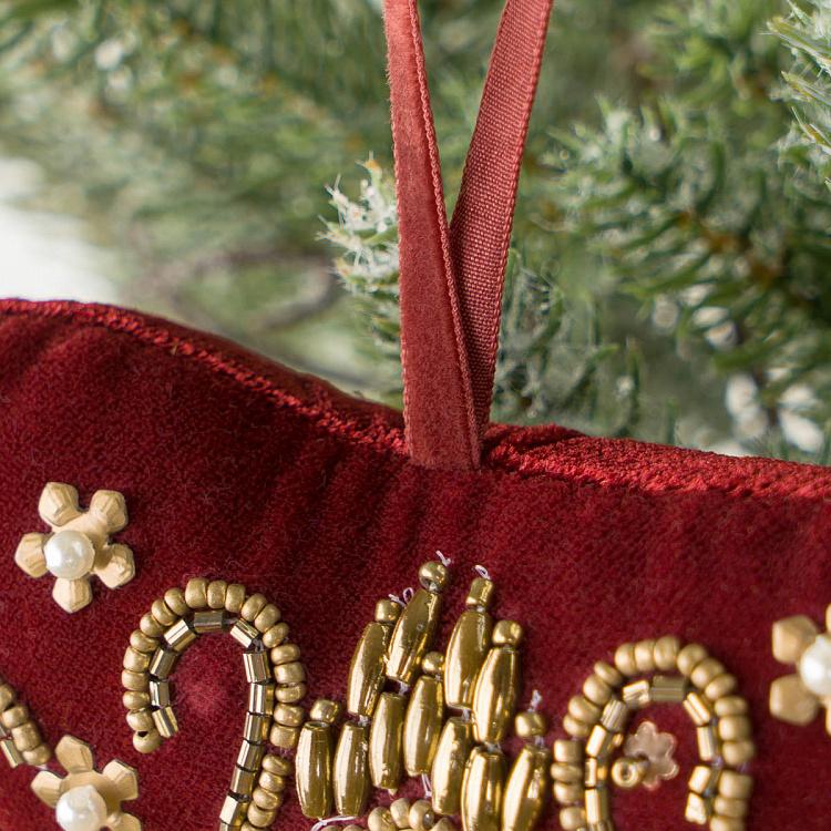 Ёлочная игрушка Красное бархатное сердце с золотистым орнаментом из бисера Bead Ornament Velvet Heart Red 10 cm