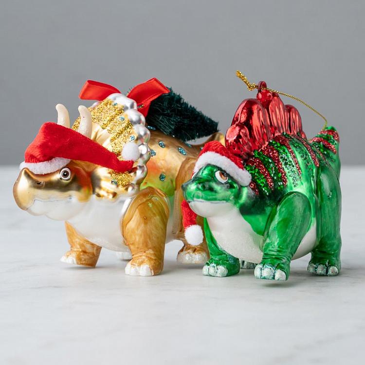 Набор из двух ёлочных игрушек Новогодние динозавры Set Of 2 Glass Xmas Dinosaurus Green/Gold 13 cm